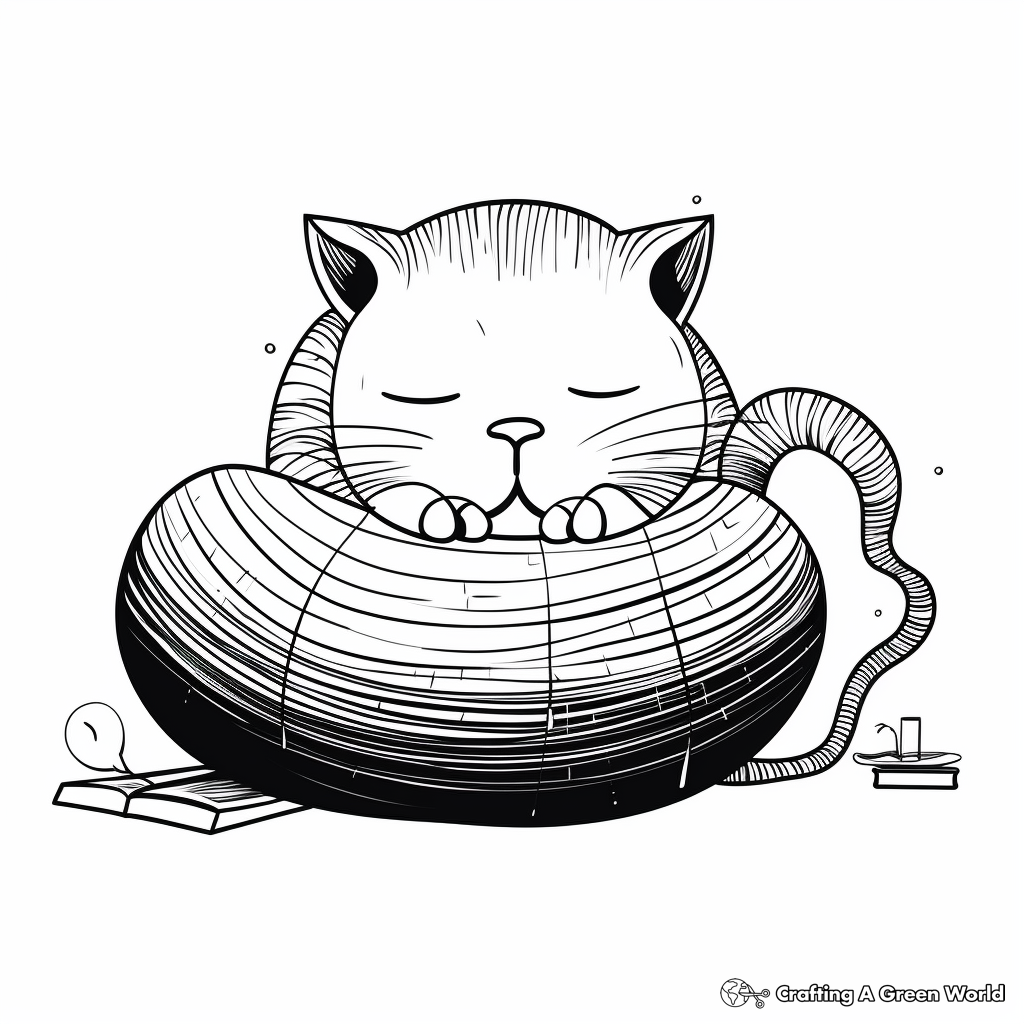 Sleepy Cat and Yarn Ball Coloring Pages 2