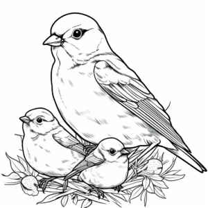 Sparrow Family Coloring Pages: Male, Female, and Chicks 1