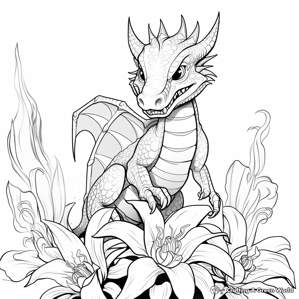 Spectacular Dragon with Orchids Coloring Pages 1