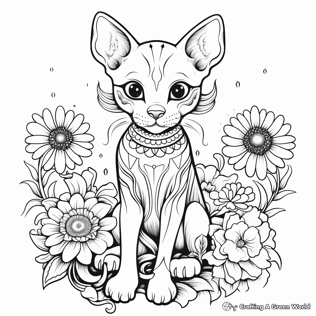 Sphynx Cat and Marigold Flower Coloring Pages for Adults 1