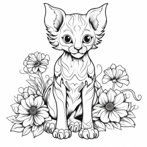 Sphynx Cat and Marigold Flower Coloring Pages for Adults 2