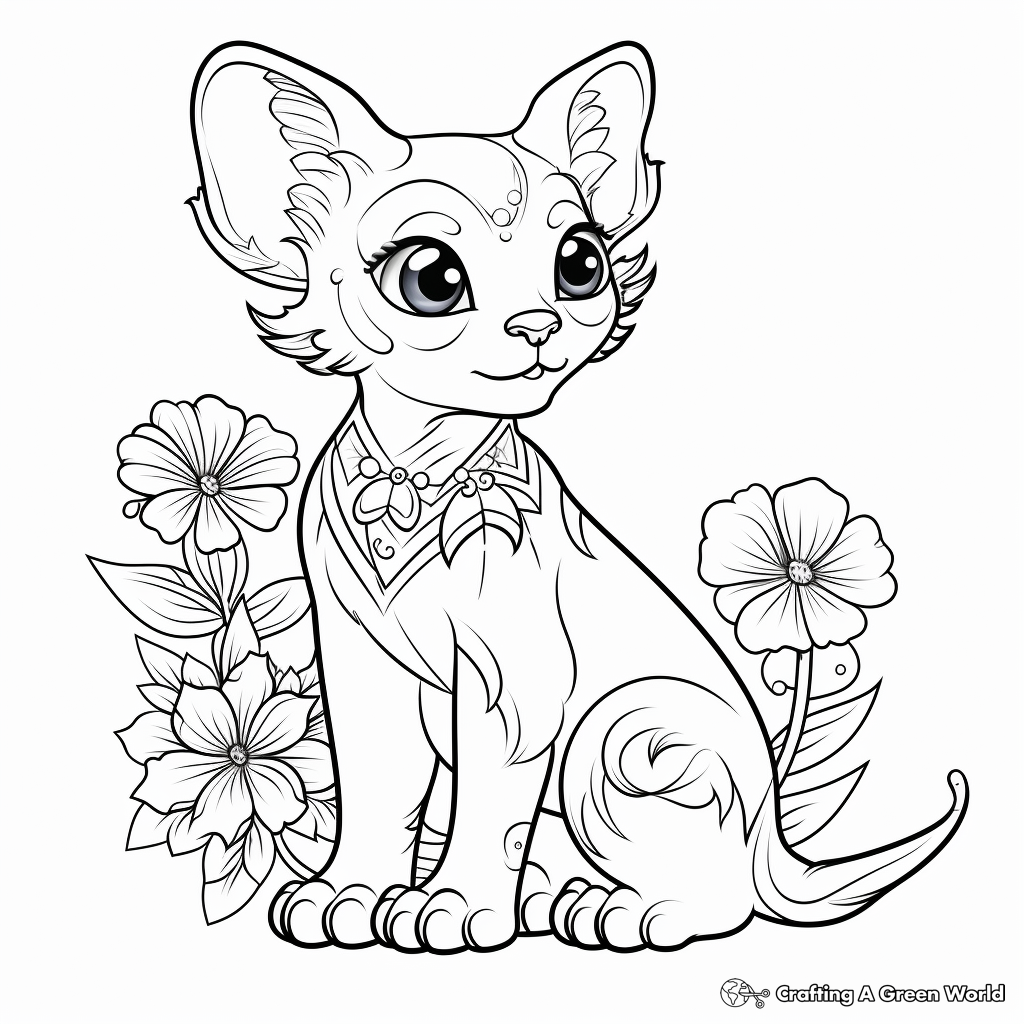 Sphynx Cat and Marigold Flower Coloring Pages for Adults 4