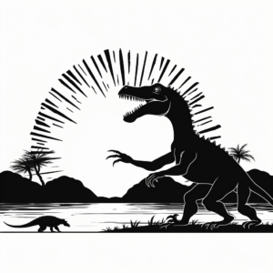 Spinosaurus & T-Rex Silhouette Sunset Coloring Page 1