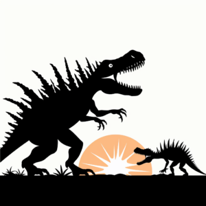 Spinosaurus & T-Rex Silhouette Sunset Coloring Page 2