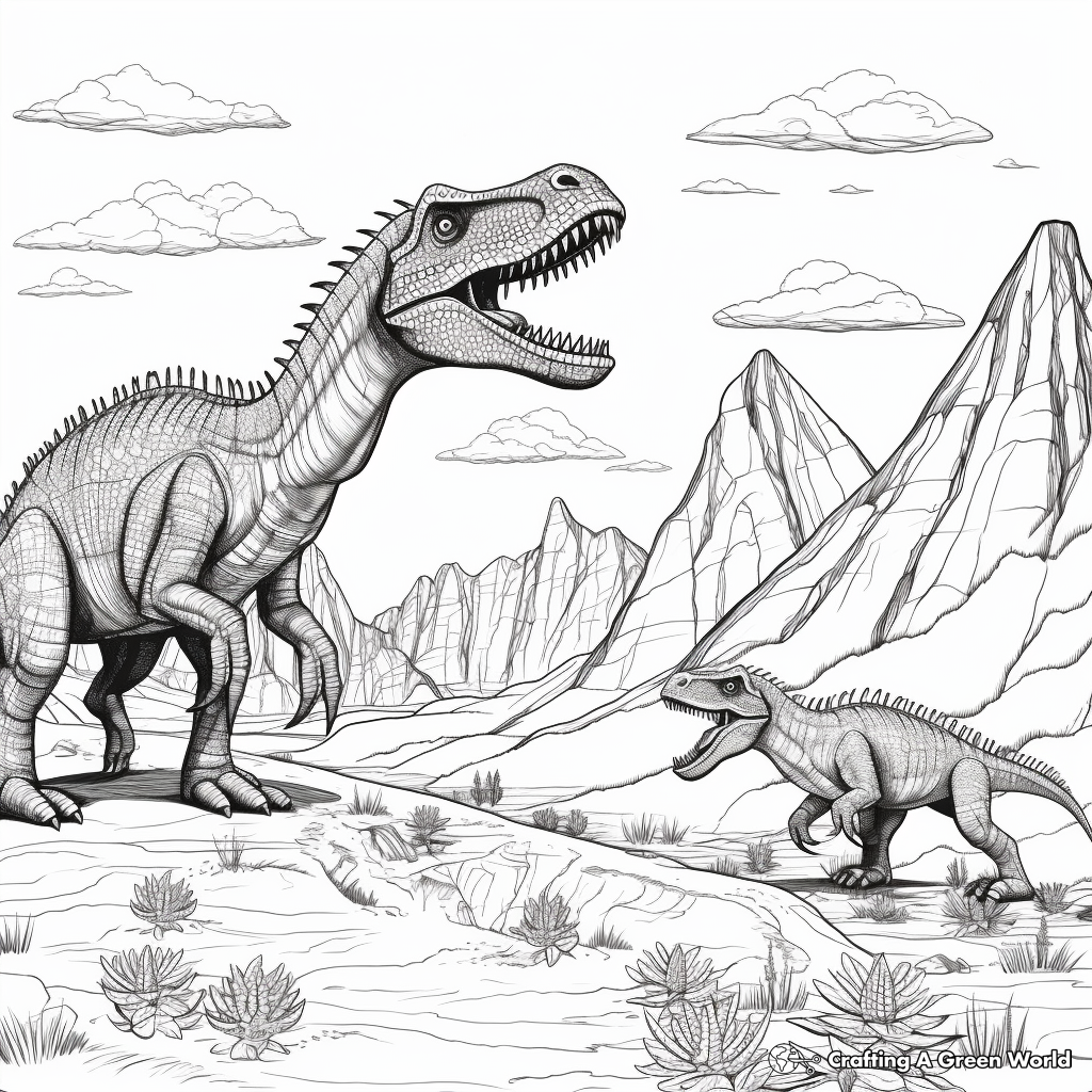 Spinosaurus and T-Rex in a Volcanic Landscape Coloring Sheets 1