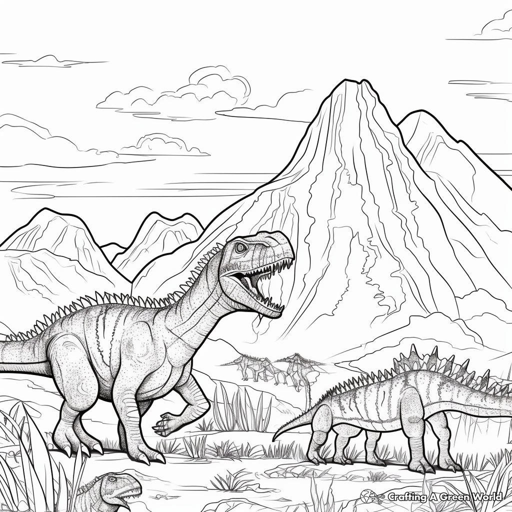 Spinosaurus and T-Rex in a Volcanic Landscape Coloring Sheets 2