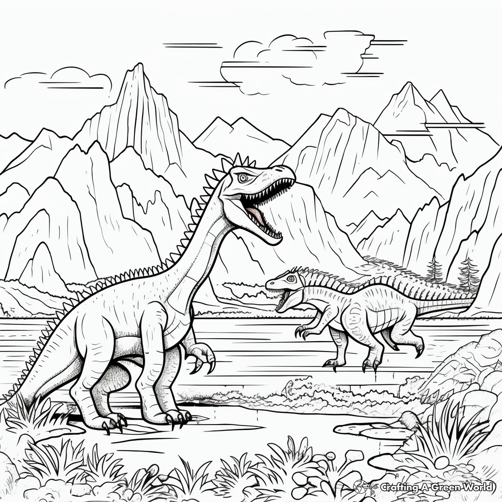 Spinosaurus and T-Rex in a Volcanic Landscape Coloring Sheets 3