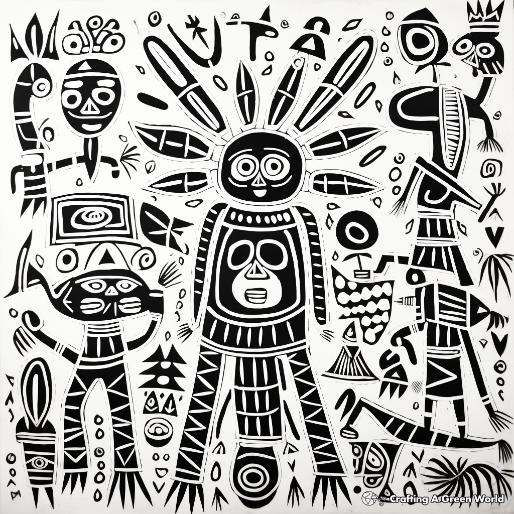 Spirited Maya God Amate Bark Painting Coloring Pages 2