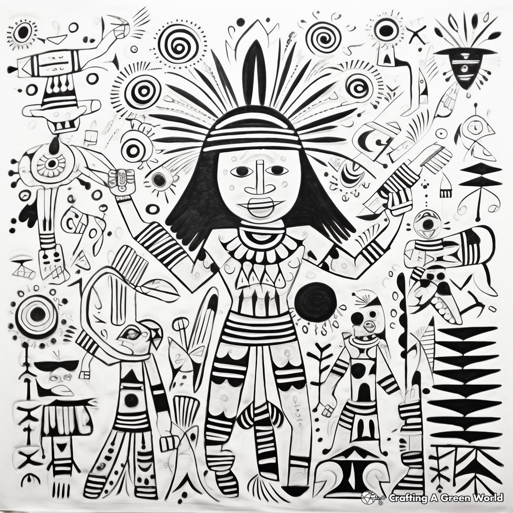 Spirited Maya God Amate Bark Painting Coloring Pages 3