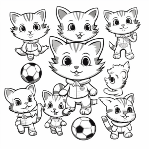 Sporty Cat Pack Playing Soccer Coloring Pages 1