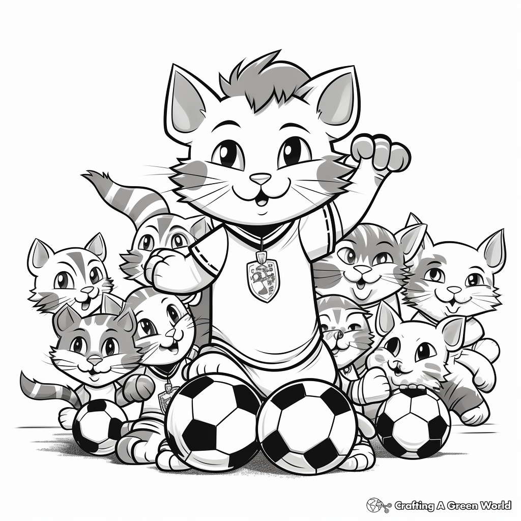 Sporty Cat Pack Playing Soccer Coloring Pages 4