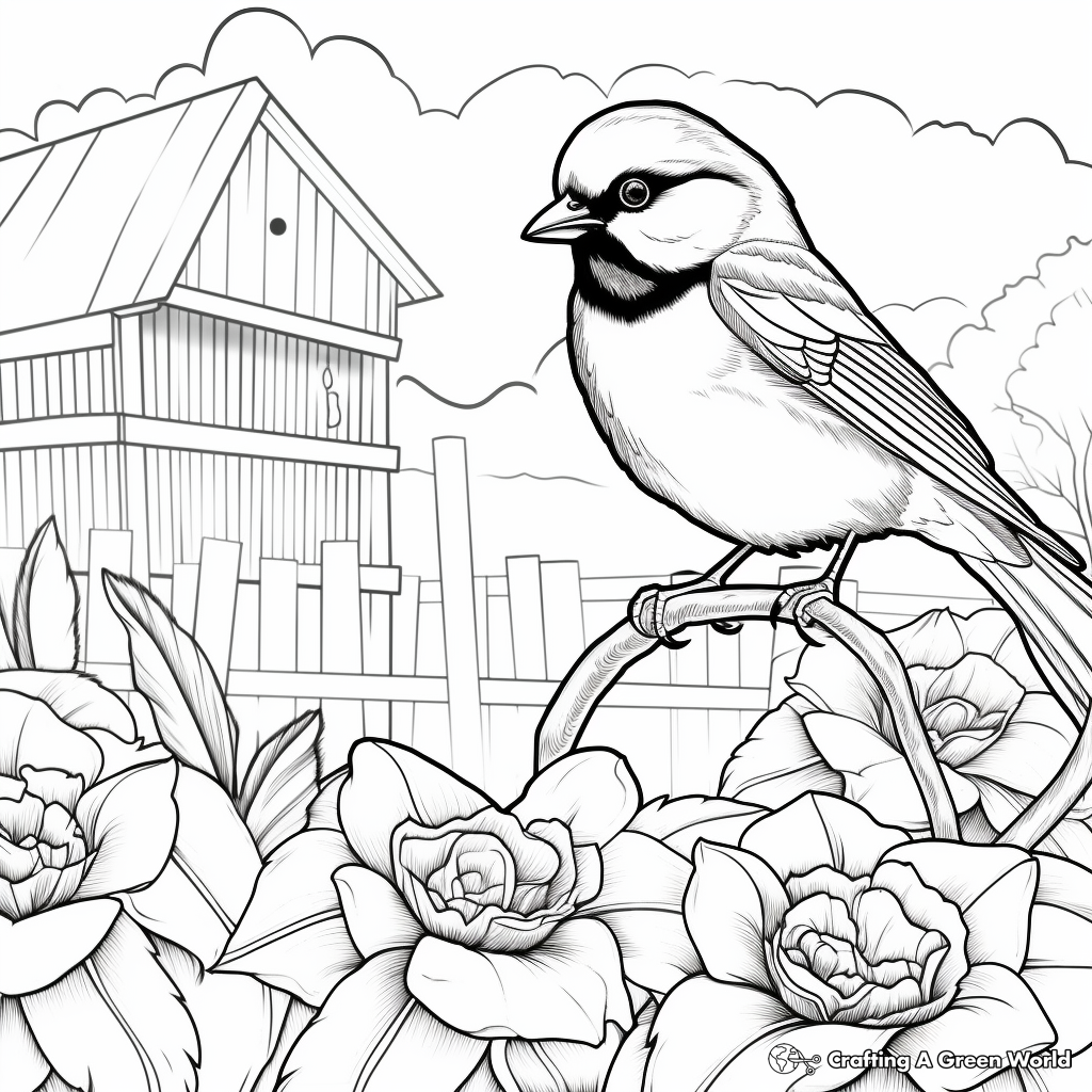 Spring Scene with Black Capped Chickadee Coloring Pages 2