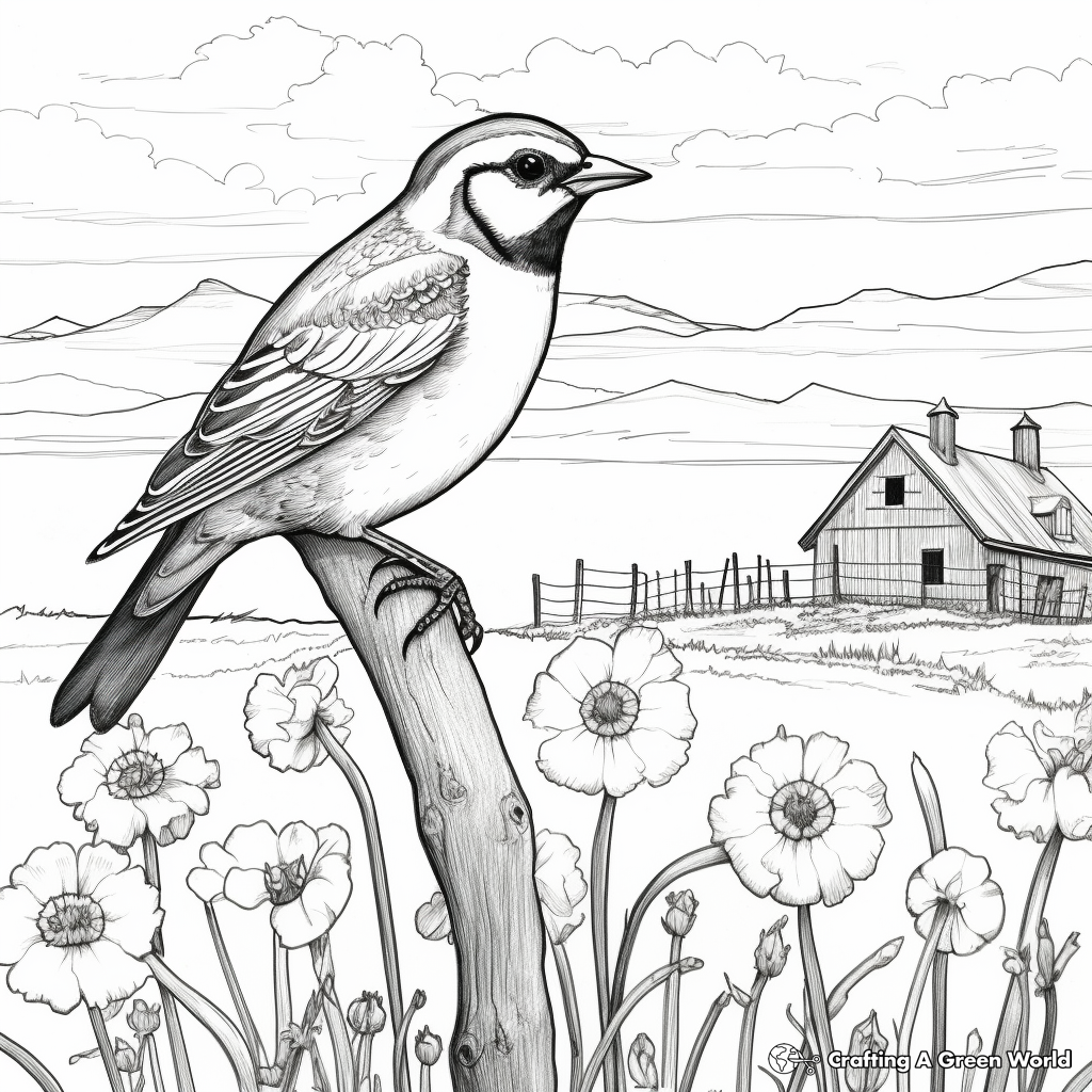 Spring Scene with Western Meadowlark Coloring Sheet 4