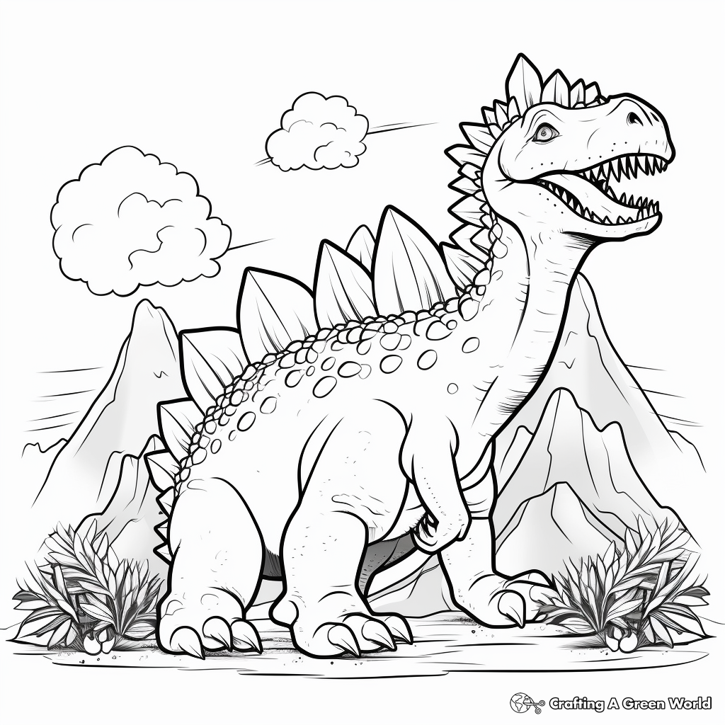 Stegosaurus and a Smoke-filled Volcano Coloring Pages 2