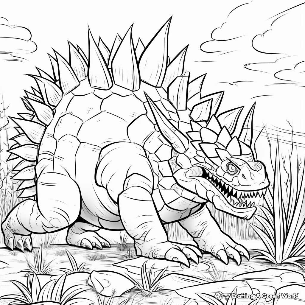 Stegosaurus and Predators: Survival Scene Coloring Pages 2