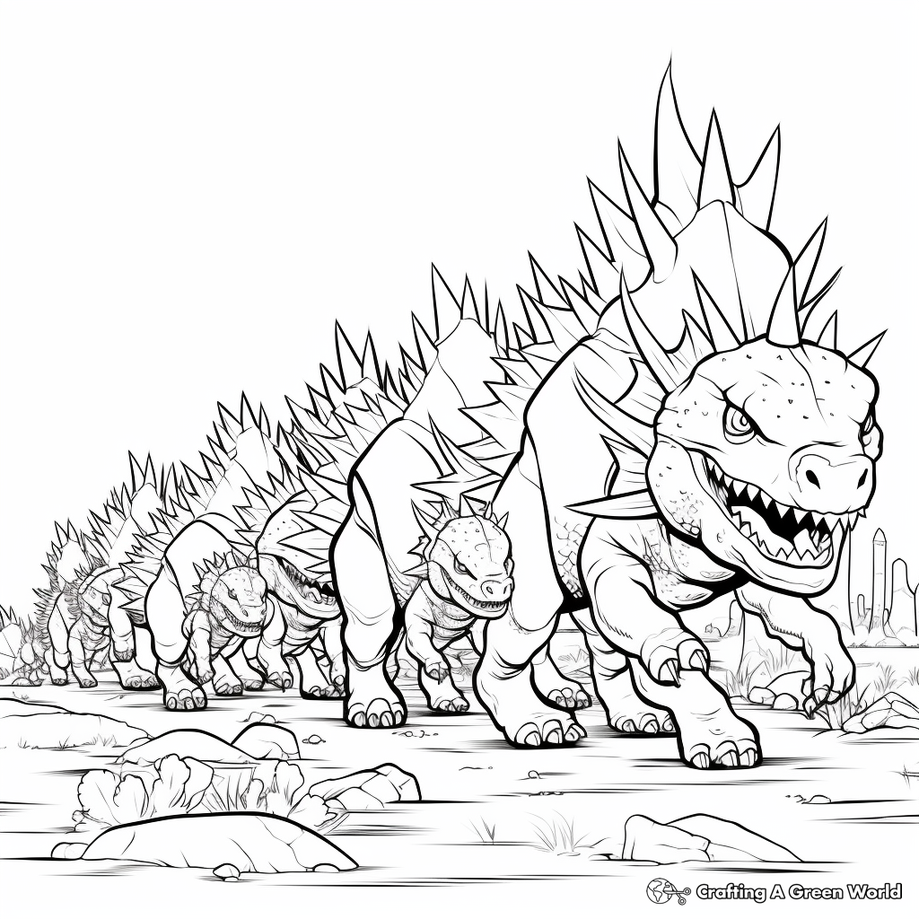Stegosaurus Herd Marching: Group Scene Coloring Pages 2