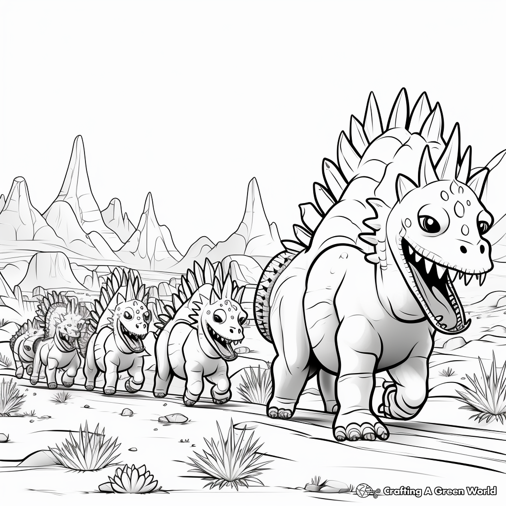 Stegosaurus Herd Marching: Group Scene Coloring Pages 4