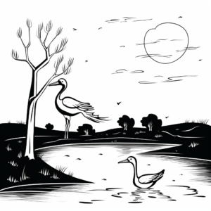 Stork in Nature: Landscape Scene Coloring Pages 1