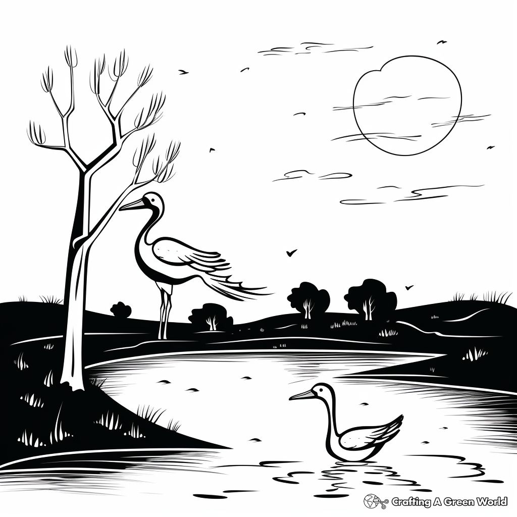 Stork in Nature: Landscape Scene Coloring Pages 1