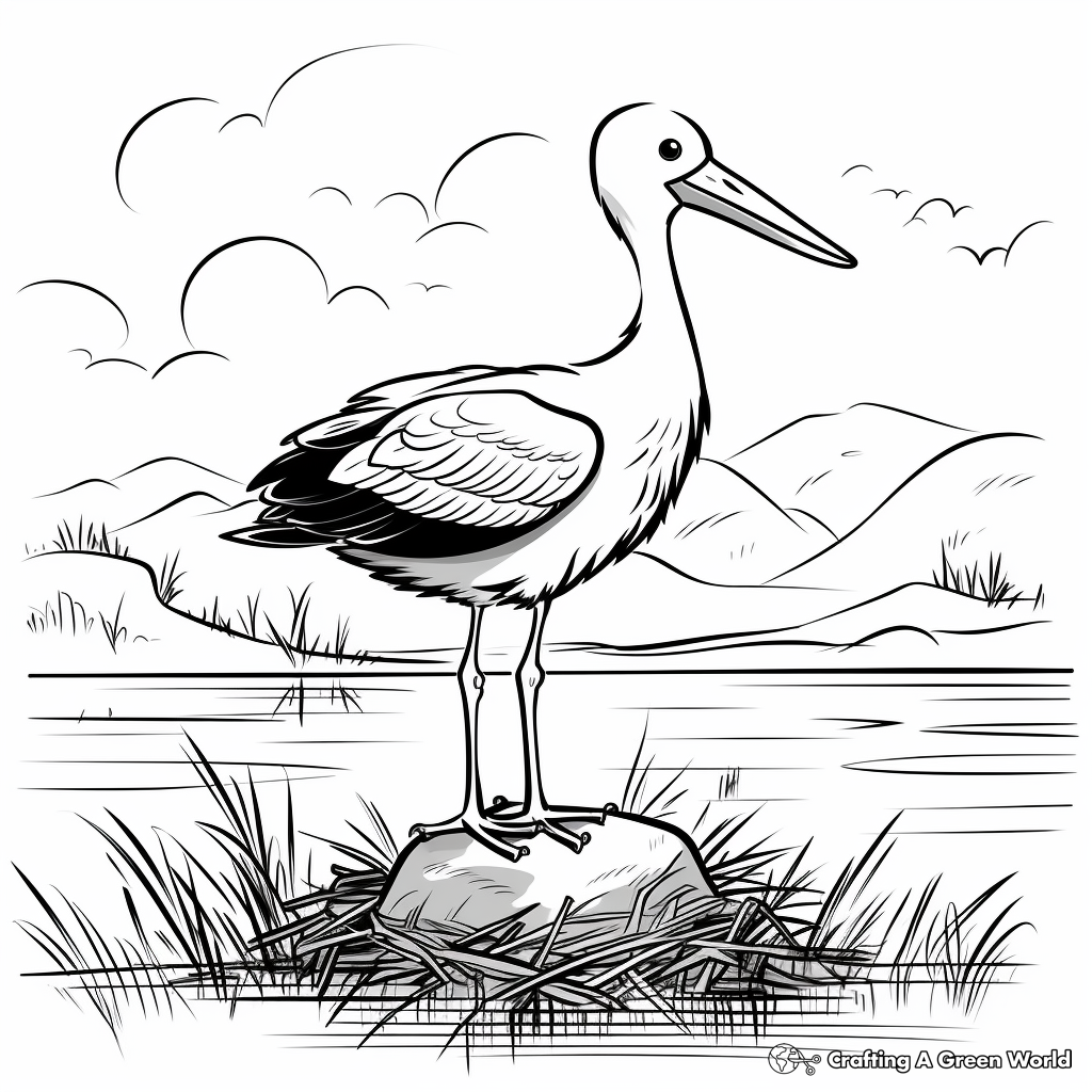 Stork in Nature: Landscape Scene Coloring Pages 2