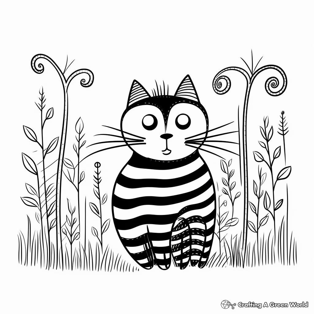 Striped Cat in the Garden Coloring Pages 1
