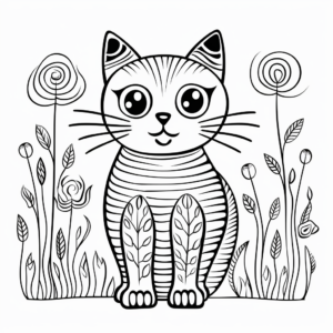 Striped Cat in the Garden Coloring Pages 2