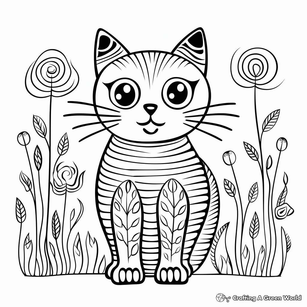 Striped Cat in the Garden Coloring Pages 2