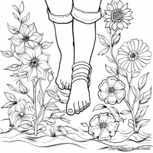 Stroll in The Garden: Foot and Flower Coloring Pages 1