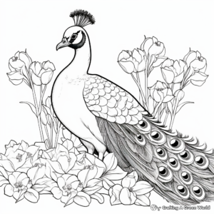 Stunning Peacock with Tulips Coloring Pages 1