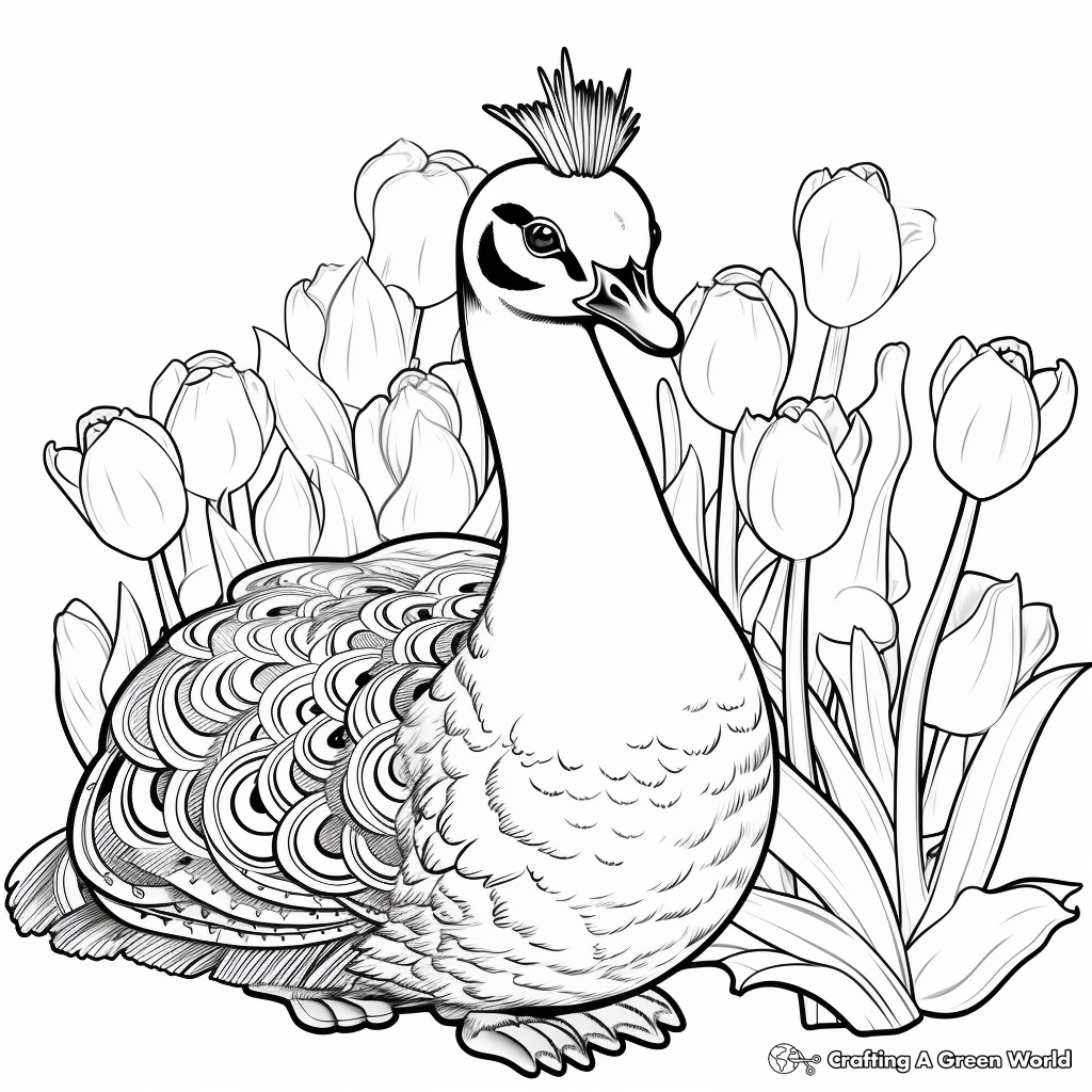 Stunning Peacock with Tulips Coloring Pages 3