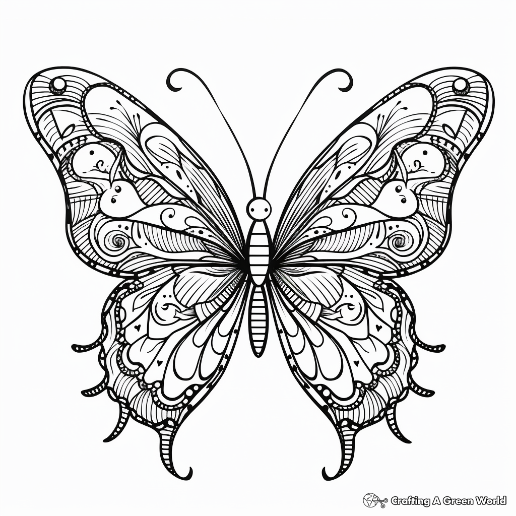 Stylish Zentangle Heart Butterfly Coloring Pages 3