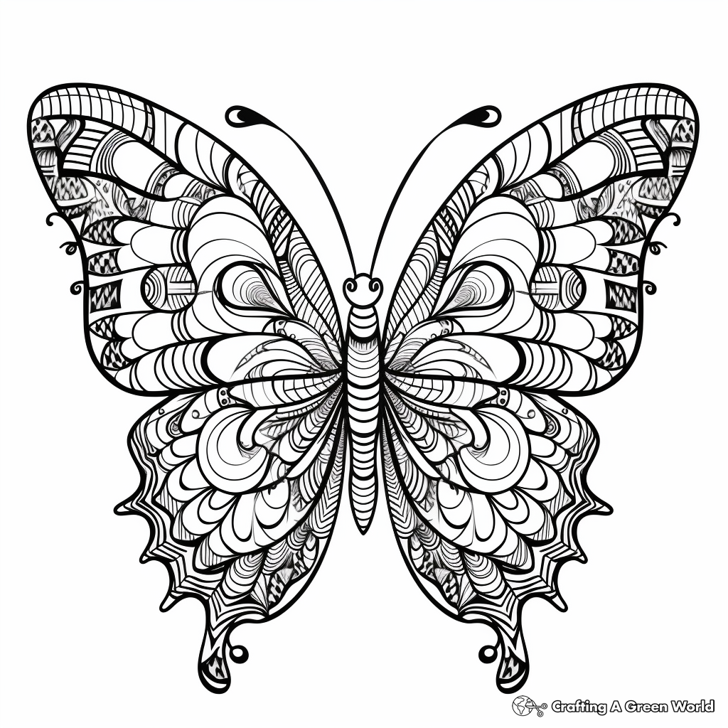 Stylish Zentangle Heart Butterfly Coloring Pages 4
