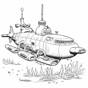 Submarine Scene with Swordfish Coloring Pages 1