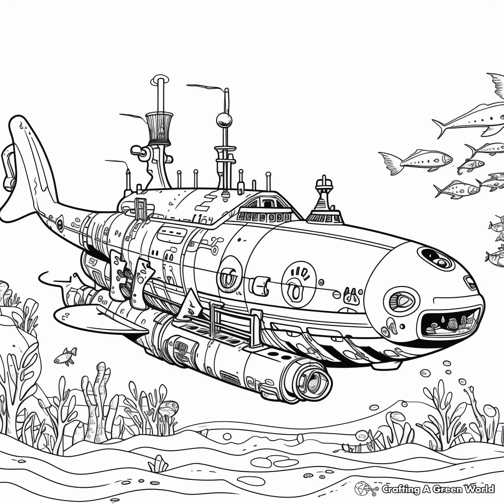 Submarine Scene with Swordfish Coloring Pages 4