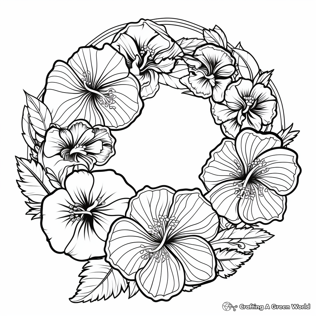 Summer-themed Hibiscus Flower Wreath Coloring Pages 1