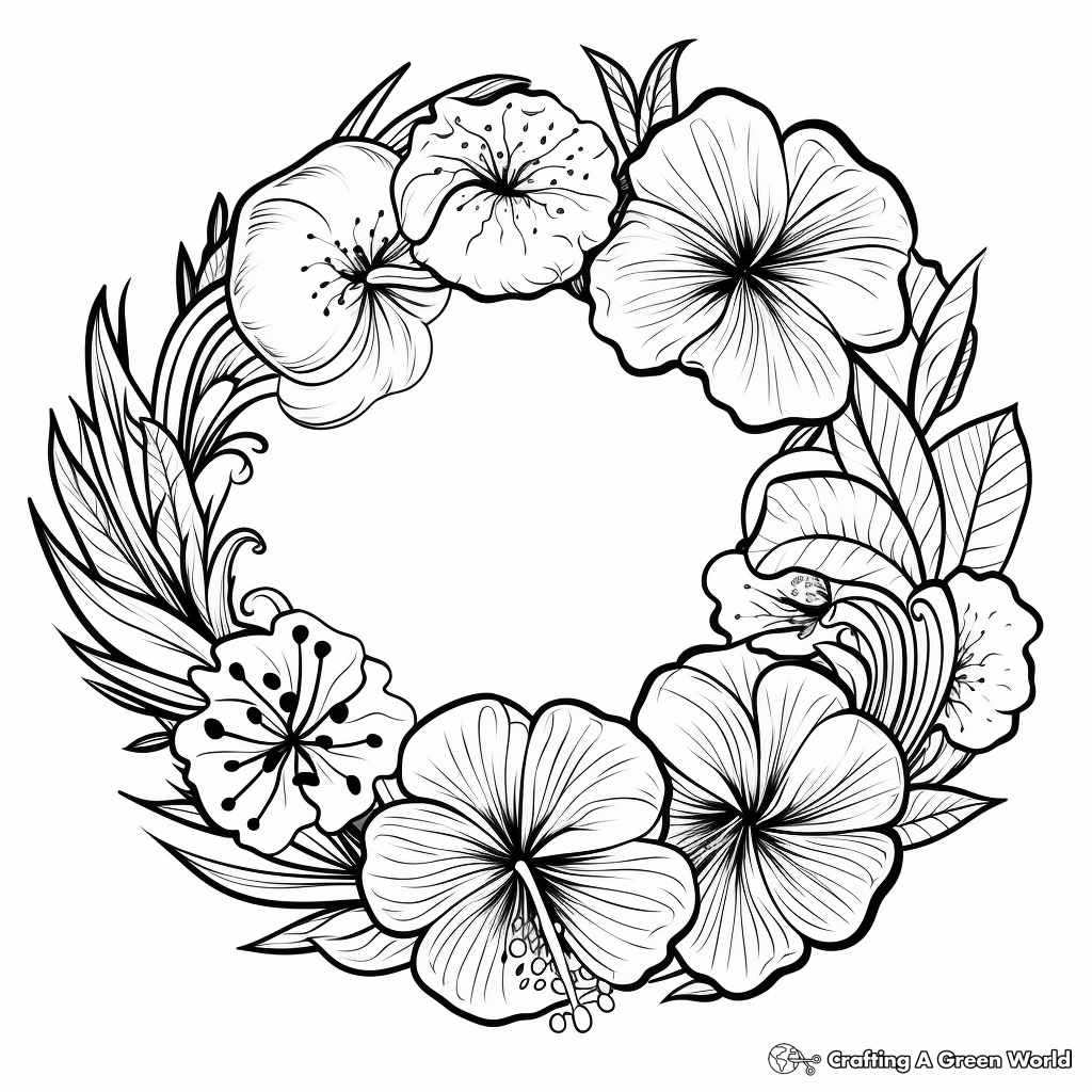 Summer-themed Hibiscus Flower Wreath Coloring Pages 4