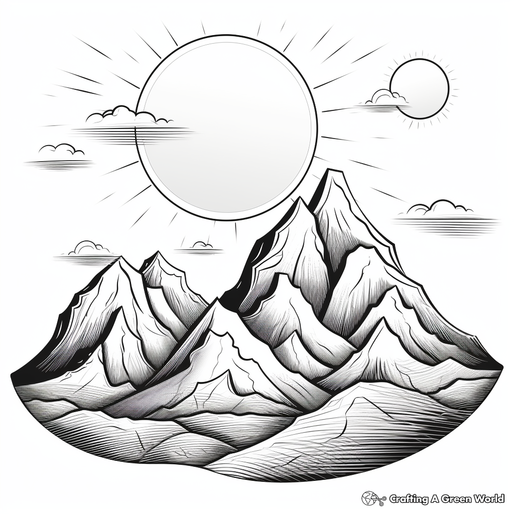 Sun and Moon Over Mountain Landscape Coloring Pages 1