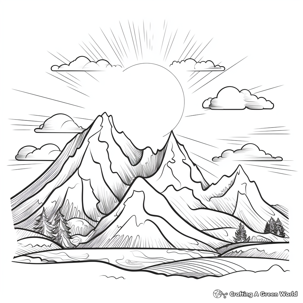 Sun and Moon Over Mountain Landscape Coloring Pages 3