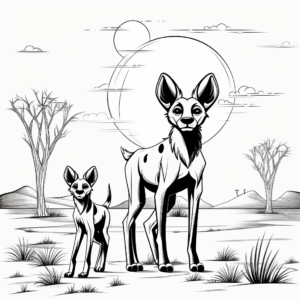 Sunset Scene with African Wild Dogs Coloring Pages 1