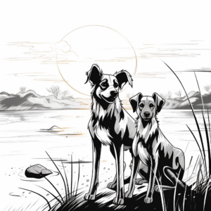 Sunset Scene with African Wild Dogs Coloring Pages 2
