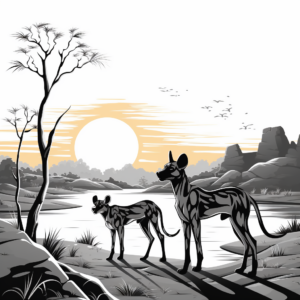 Sunset Scene with African Wild Dogs Coloring Pages 3