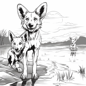 Sunset Scene with African Wild Dogs Coloring Pages 4
