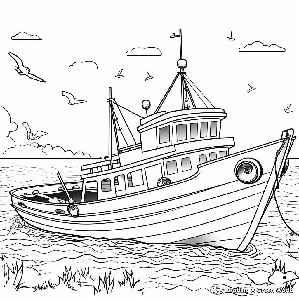Sunset View Fishing Boat Coloring Pages 2