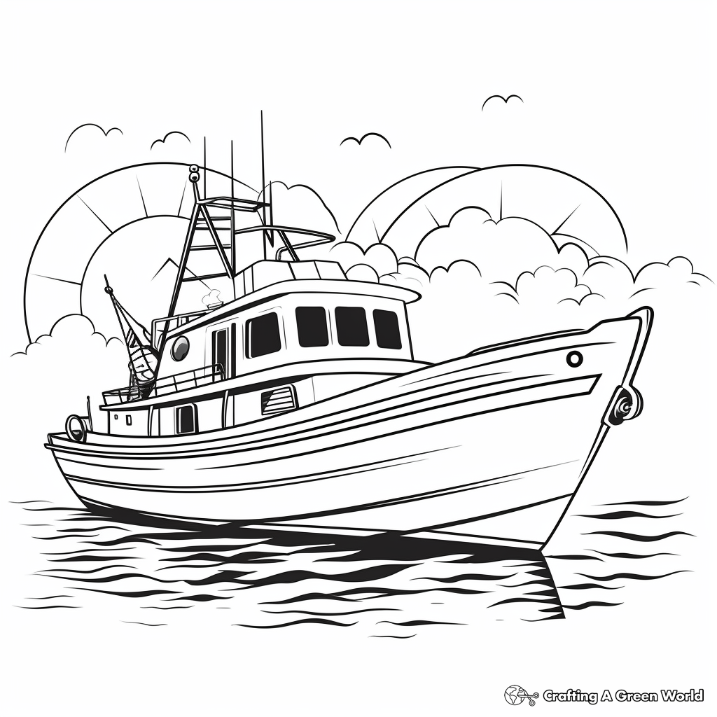 Sunset View Fishing Boat Coloring Pages 3