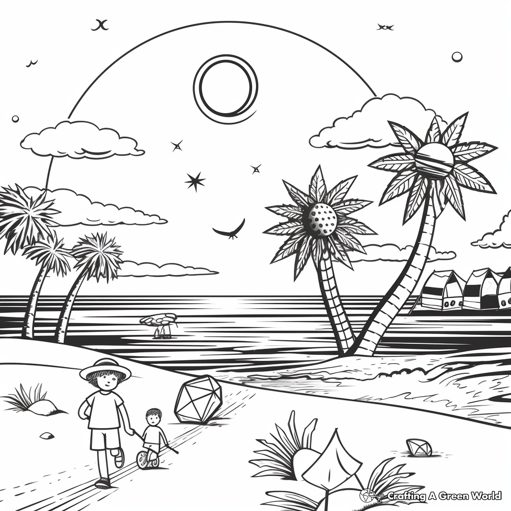 Sunsets and Selife: Beach Scene Coloring Pages 1