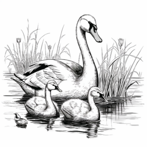 Swan Family Coloring Pages: Male, Female, and Cygnets 1