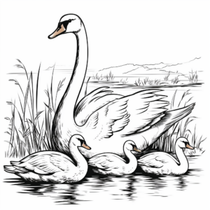 Swan Family Coloring Pages: Male, Female, and Cygnets 4