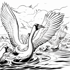 Swan with Hawks: Epic Battle Scene Coloring Pages 1
