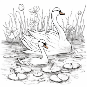 Swans and Water Lilies: Peaceful Scene Coloring Pages 1