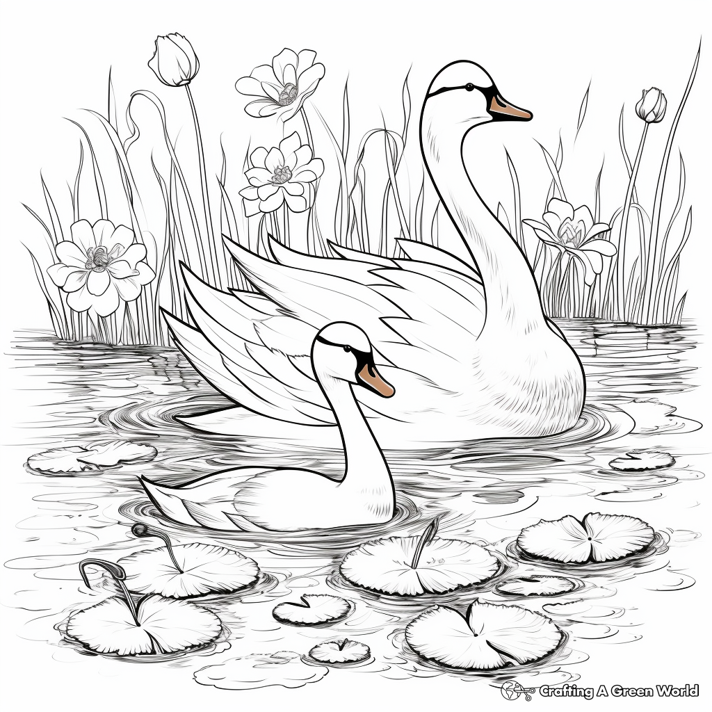 Swans and Water Lilies: Peaceful Scene Coloring Pages 1